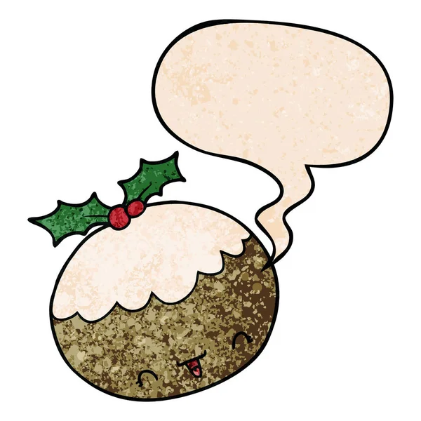 Lindo pudín de Navidad de dibujos animados y burbuja del habla en textur retro — Vector de stock