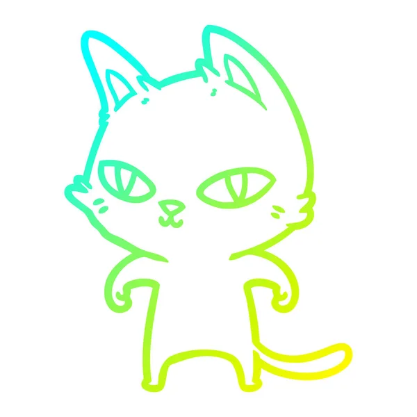Linha gradiente frio desenho desenho cartoon gato com olhos brilhantes — Vetor de Stock
