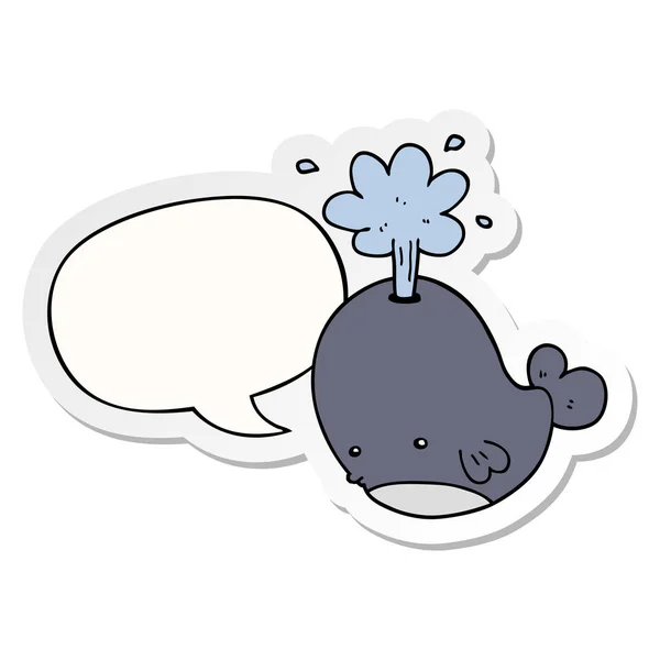 Dessin animé spouting baleine et bulle de parole autocollant — Image vectorielle