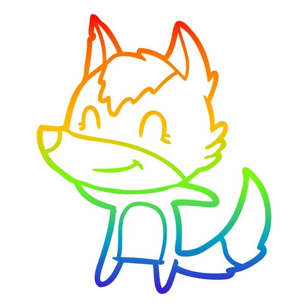 Rainbow gradient line drawing friendly cartoon wolf — Stock Vector