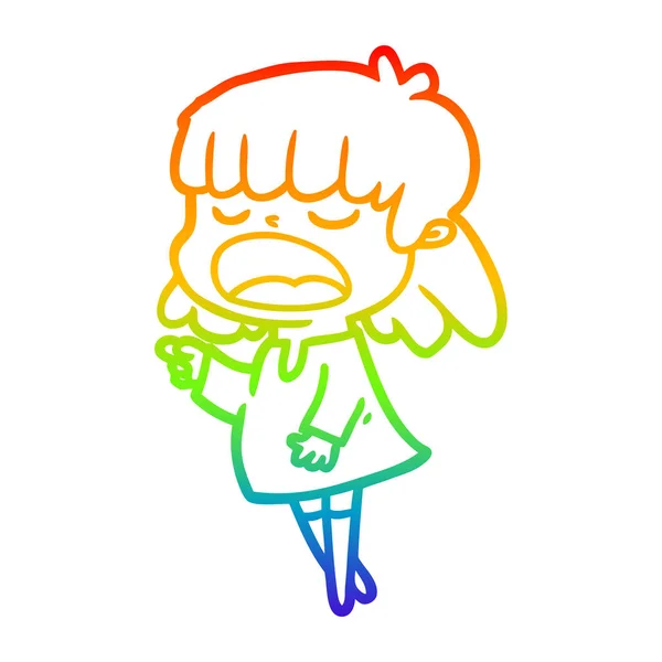 Arco iris gradiente línea dibujo dibujos animados mujer hablando en voz alta — Vector de stock