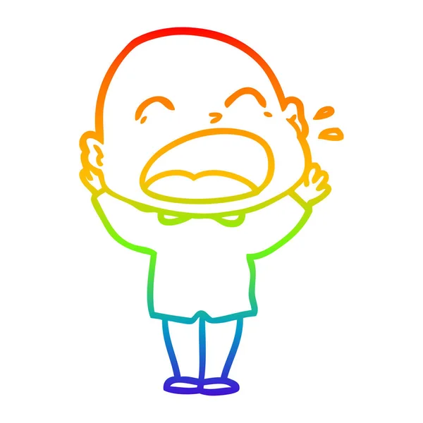 Rainbow gradien line drawing cartoon shouting bald man - Stok Vektor