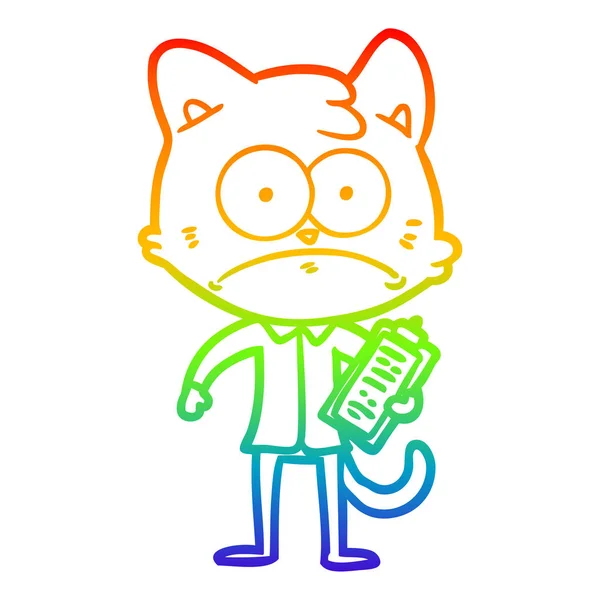 Rainbow gradient ligne dessin chat dessin animé avec presse-papiers — Image vectorielle
