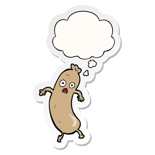 Cartoon sausage and thought bubble as a printed sticker — Stock Vector