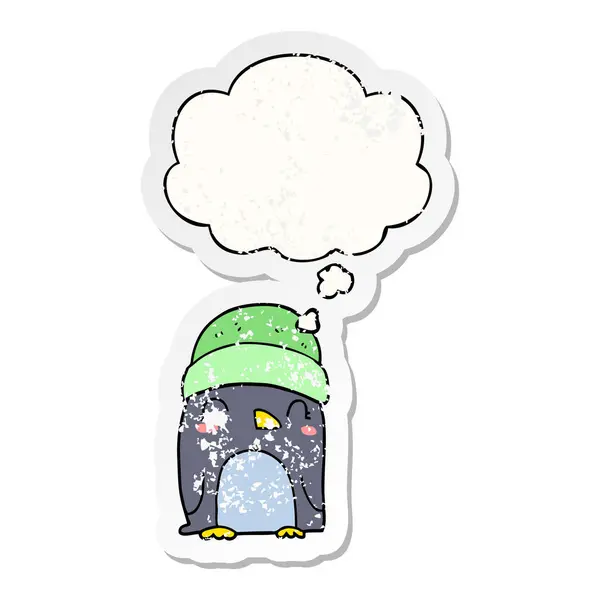 Carino pinguino cartone animato e bolla di pensiero come un angosciato indossato sti — Vettoriale Stock