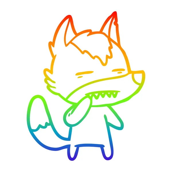 Línea de gradiente arco iris dibujo lobo inseguro mostrando los dientes — Vector de stock