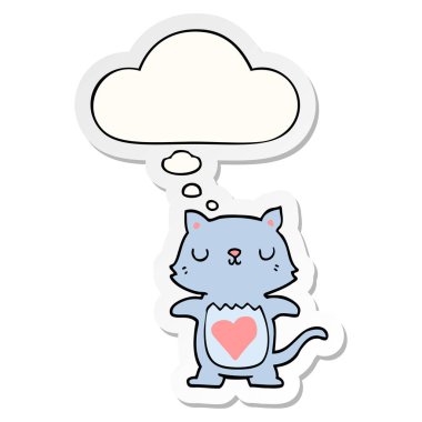 Sevimli karikatür kedi ve baskılı bir etiket olarak düşünce kabarcık