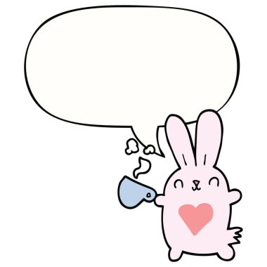 sevimli karikatür tavşan ve aşk kalp ve kahve fincanı ve konuşma bub