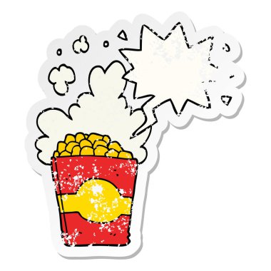 karikatür patlamış mısır ve konuşma balonu sıkıntılı etiket