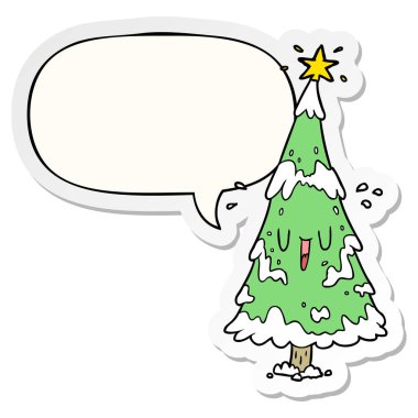 karikatür karlı noel ağacı ve mutlu yüz ve konuşma kabarcık st