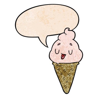 retro doku tarzında sevimli karikatür dondurma ve konuşma balonu