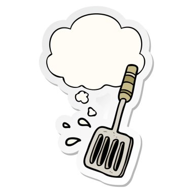 karikatür mutfak spatula ve baskılı bir etiket olarak kabarcık düşünce