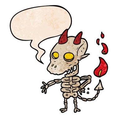retro doku karikatür ürkütücü iskelet iblis ve konuşma balonu