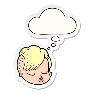 karikatür kadın yüz ve baskılı bir etiket olarak kabarcık düşünce