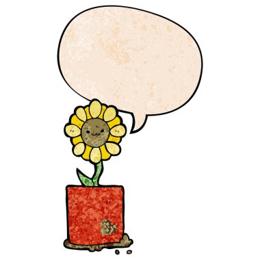 retro doku tarzında sevimli karikatür çiçek ve konuşma balonu