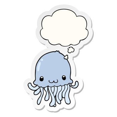 karikatür denizanası ve baskılı bir etiket olarak kabarcık düşünce