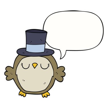 çizgi film baykuş üst şapka ve konuşma balonu giyiyor