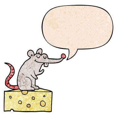 retro textu peynir ve konuşma balonu üzerinde oturan karikatür fare