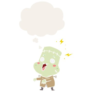 karikatür undead canavar adam ve retro tarzında kabarcık düşünce