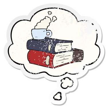 çizgi film kitapları ve kahve fincanı ve sıkıntılı olarak düşünce balonu 