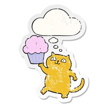 cupcake ve sıkıntılı yıpranmış olarak düşünce balonu ile karikatür kedi