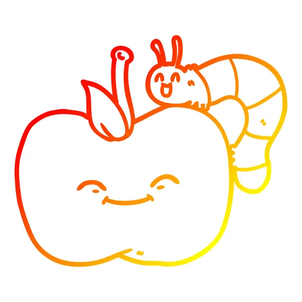 Línea de gradiente caliente dibujo de dibujos animados manzana e insecto — Vector de stock