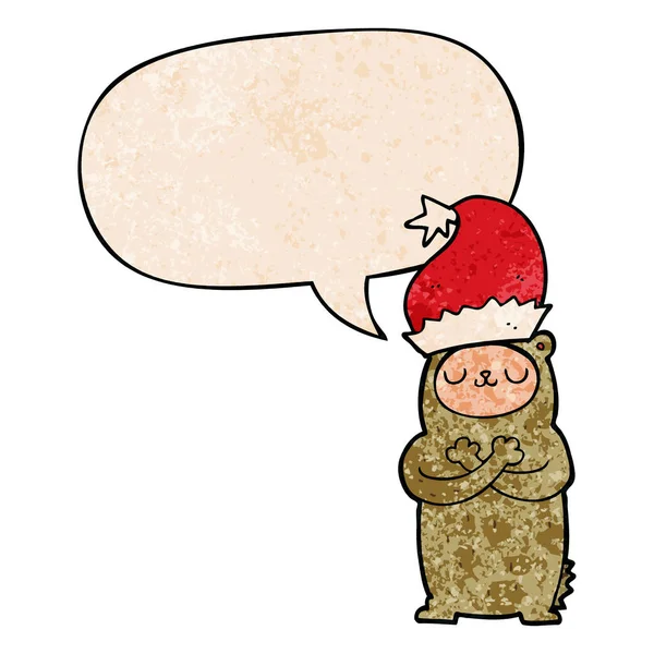 Tecknad Björn bär jul hatt och pratbubbla i retro te — Stock vektor