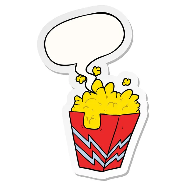 Caja de dibujos animados de palomitas de maíz y pegatina de burbuja de habla — Vector de stock