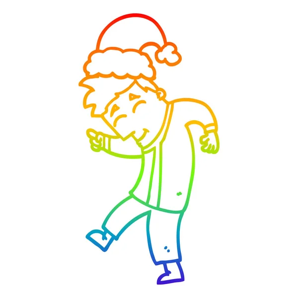 Rainbow gradient line drawing cartoon man wearing christmas hat — Stock Vector