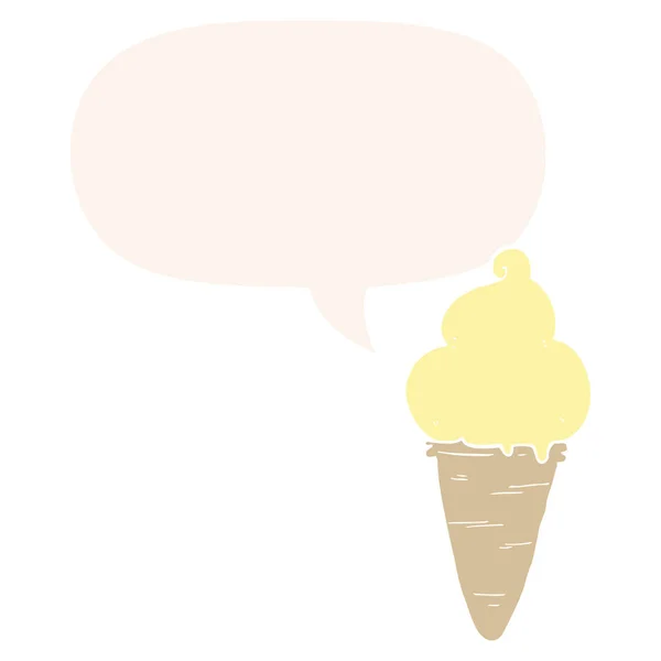 Crème glacée de dessin animé et bulle d'expression dans le style rétro — Image vectorielle
