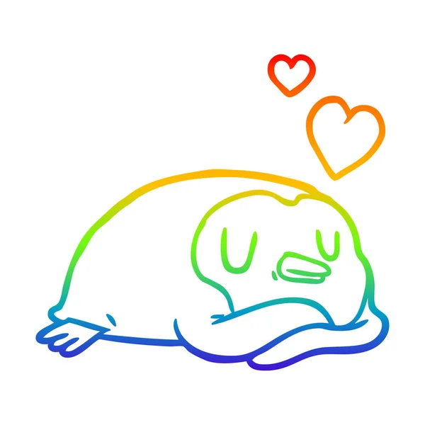 Linea gradiente arcobaleno disegno pinguino con cuori d'amore — Vettoriale Stock