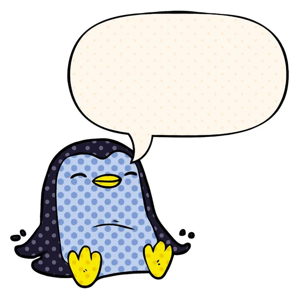 Tecknad pingvin och pratbubbla i serietidningsstil — Stock vektor