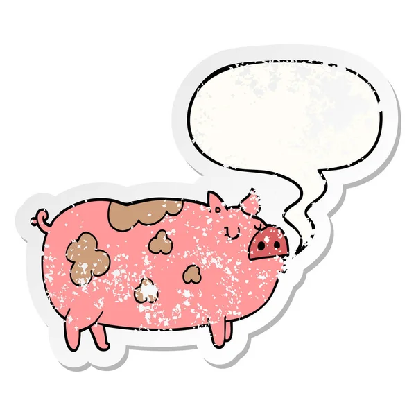 Cartoon porco e fala bolha adesivo angustiado —  Vetores de Stock
