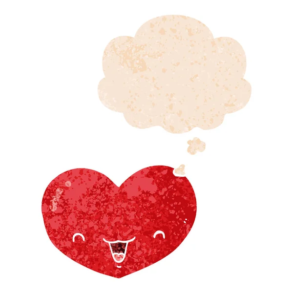Cartone animato amore cuore personaggio e pensiero bolla in texture retrò — Vettoriale Stock