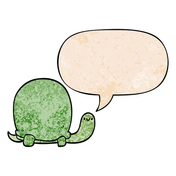 Linda tortuga de dibujos animados y burbuja del habla en estilo de textura retro — Vector de stock