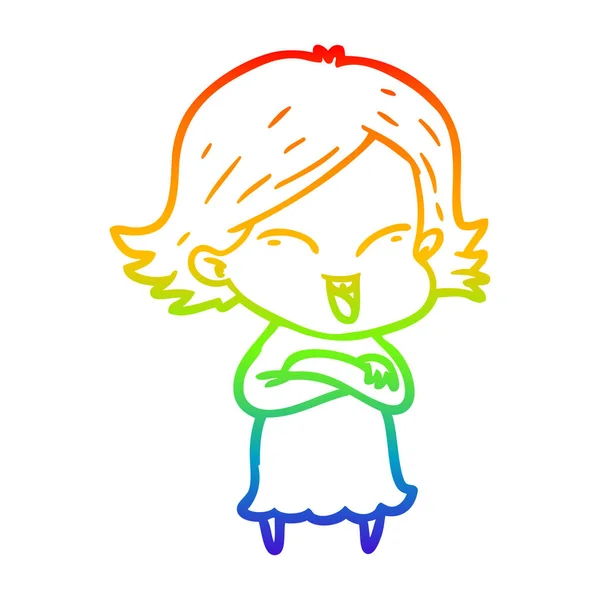 Rainbow gradient line drawing happy cartoon girl — Stock Vector