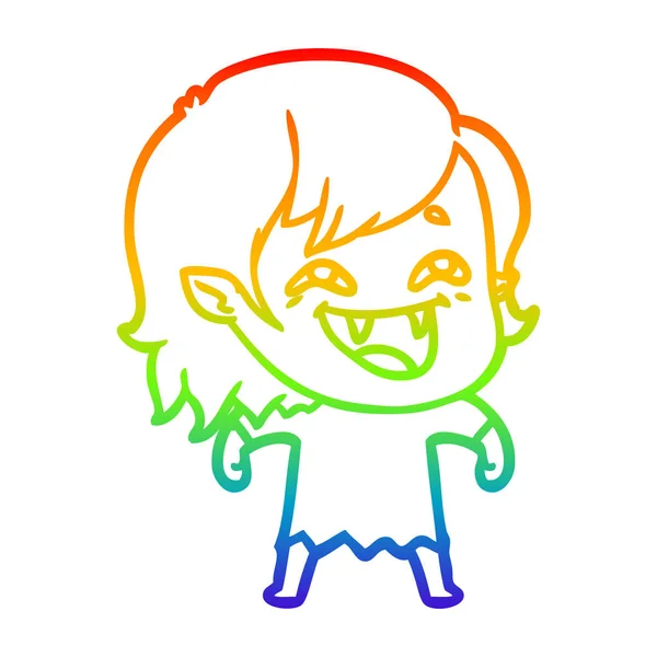 Arco iris gradiente línea dibujo dibujos animados riendo vampiro chica — Vector de stock