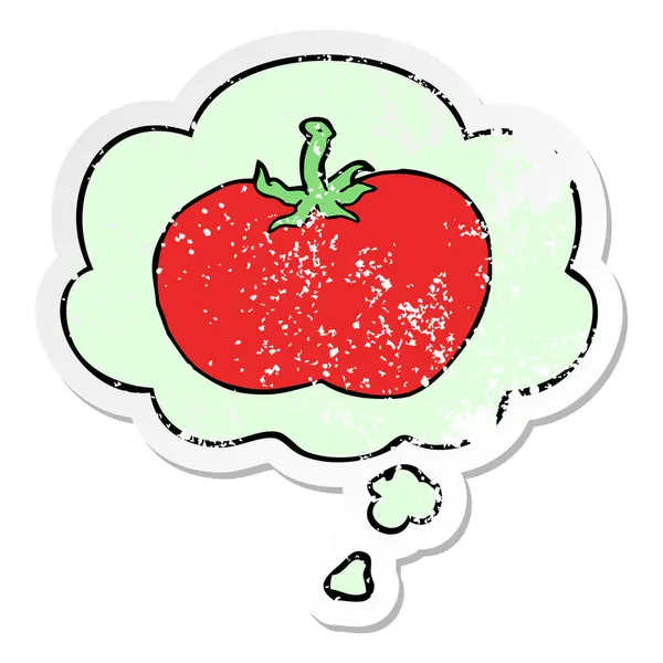 Cartone animato pomodoro e bolla pensiero come un adesivo indossato angosciato — Vettoriale Stock