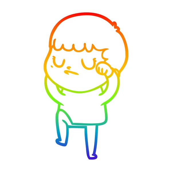 Arco-íris linha gradiente desenho cartoon menino rabugento — Vetor de Stock