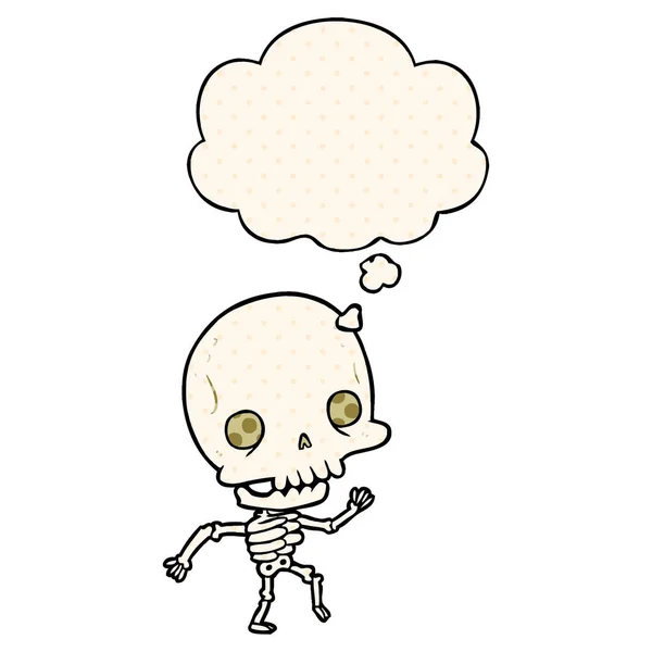 Esqueleto de dibujos animados y burbuja de pensamiento en estilo de cómic — Vector de stock