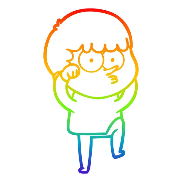 Arcobaleno gradiente linea disegno cartone animato curioso ragazzo sfregamento occhi io — Vettoriale Stock