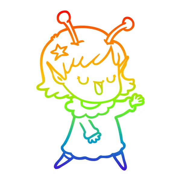Regenbogen-Gradienten-Linie Zeichnung glücklich Alien Mädchen Karikatur — Stockvektor