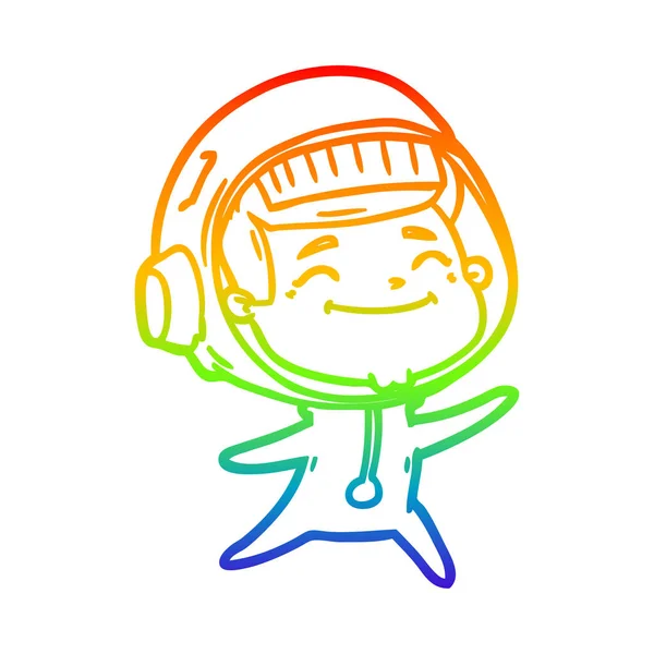 Regenbogen-Gradientenlinie zeichnet glücklichen Cartoon-Astronauten — Stockvektor