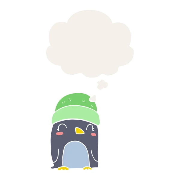 Cute cartoon penguin and thought bubble in retro style — Stock Vector