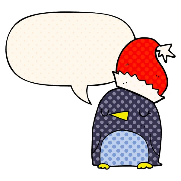 Leuke kerst pinguïn en toespraak bubble in Comic Book stijl — Stockvector