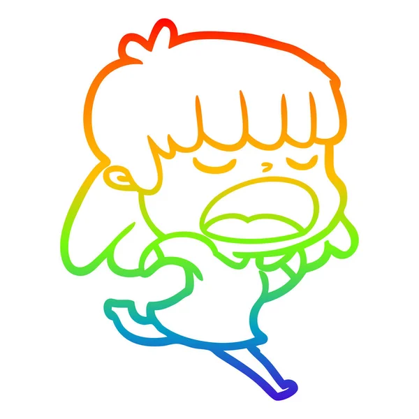 Regenboog gradiënt lijntekening cartoon vrouw praten luid — Stockvector