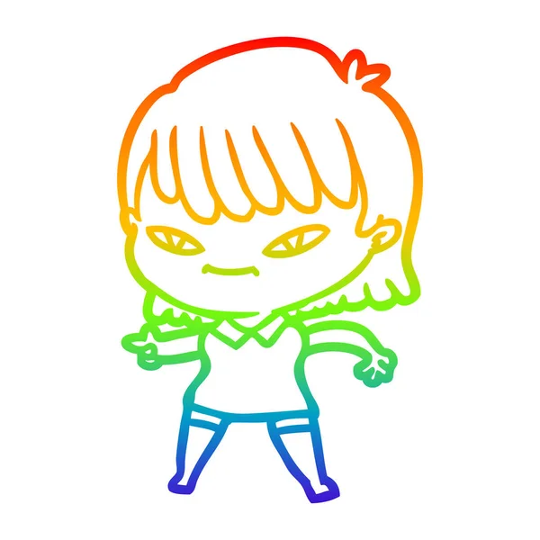 Regenboog gradiënt lijntekening cartoon wijzende vrouw — Stockvector