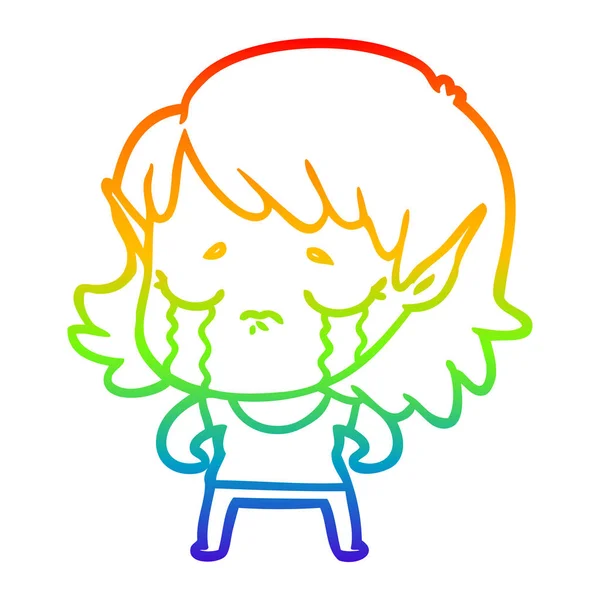 Rainbow gradient line drawing cartoon crying elf girl — Stock Vector