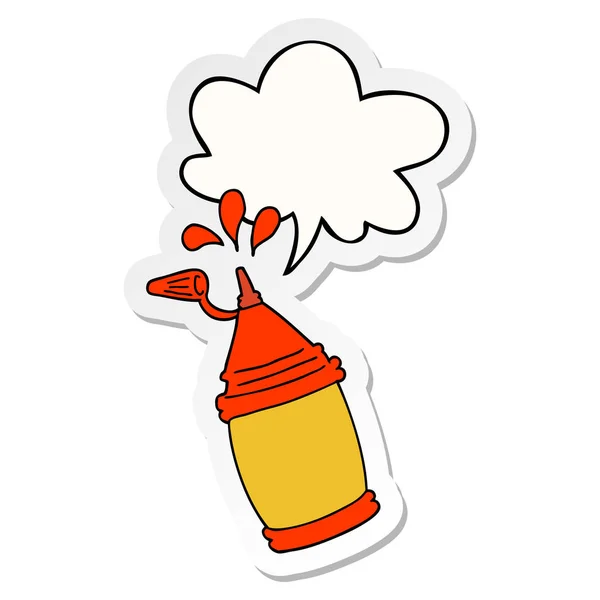 Cartoon ketchup fles en toespraak bubble sticker — Stockvector