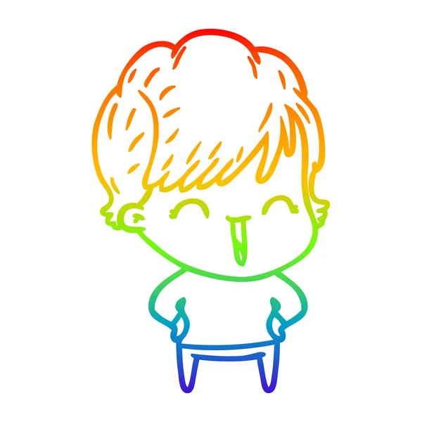 Arco iris gradiente línea dibujo dibujos animados riendo mujer — Vector de stock